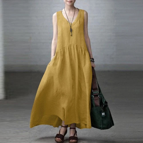Maxi vestidos retro de playa de lino de algodón informales con cuello en V lisos para mujer - Imagen 3 de 28