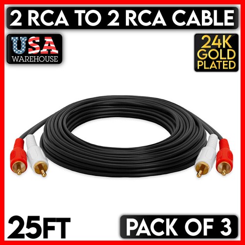 Dual RCA Cable 25 FT Two 2 RCA Stereo Audio Cord Speakers Subwoofer TV 3 Pack
