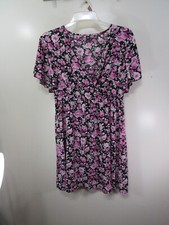 Shein Curve Dress Size 1XL Black Pink Floral Short Sleeve V Front Elastic Waist
