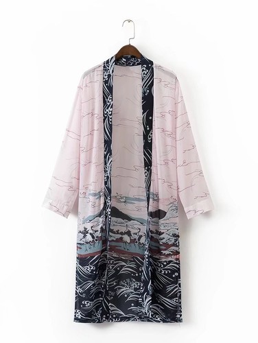 Lady Japanese Crane Print Cardigan Kimono Yukata Sunscreen Beach Summer Top Coat - Picture 13 of 13