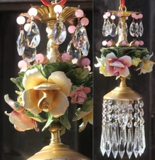 Porcelain Capodimonte Pink beads Rose Brass tole chandelier vintage lamp