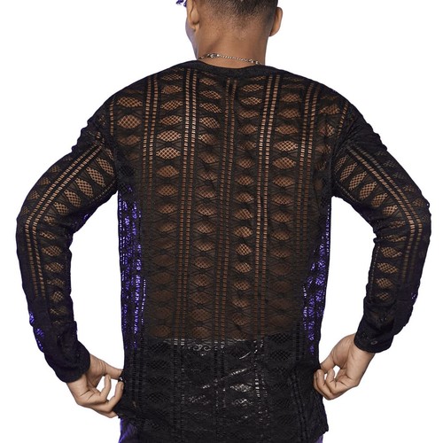 Men's V-Neck Lace Long Sleeved T-Shirt with Transparent Mesh Elastic Shirt Base - Picture 3 of 7