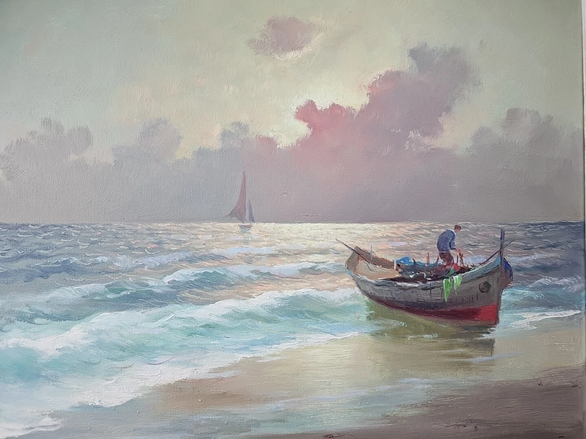 Giuseppe Rossi Seascape Painting Waves Rocks Breakers Italian
