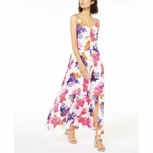 Bar III Woman's V-Neck Floral Maxi Dress White Pink 8 Sleeveless New with Tags