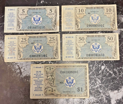 Korea War Military Payment Set MPC 5¢, 10¢, 25¢, 50¢ & $1 Series