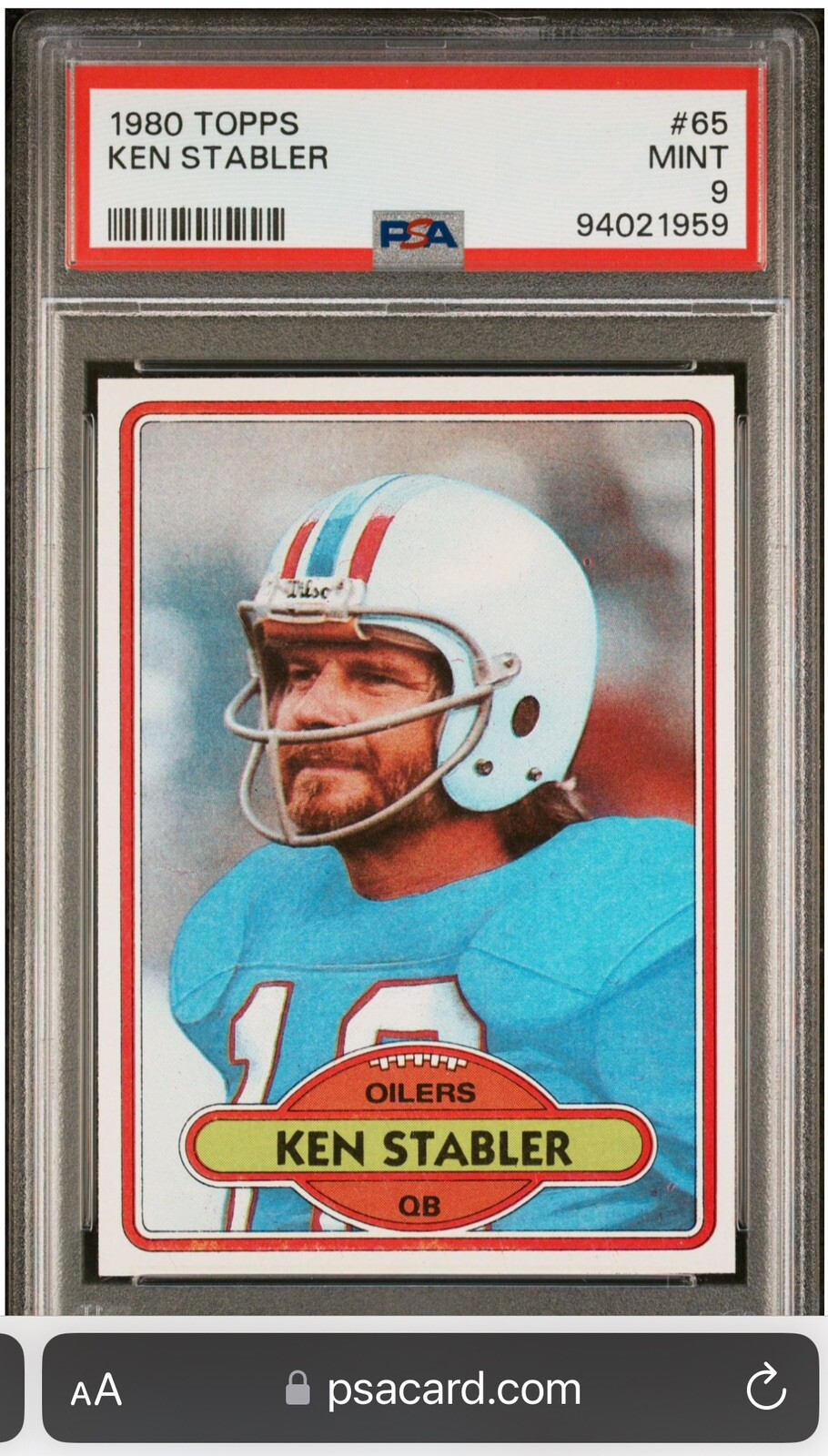 1980 TOPPS FOOTBALL #65  KEN "THE SNAKE" STABLER, PSA 9  MINT