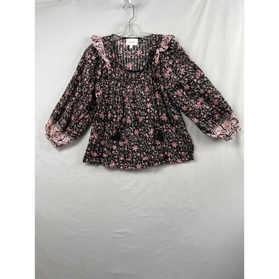 Cleobella Blouse Womens Medium Black Pink Floral Gold Lurex Cottage Boho Top
