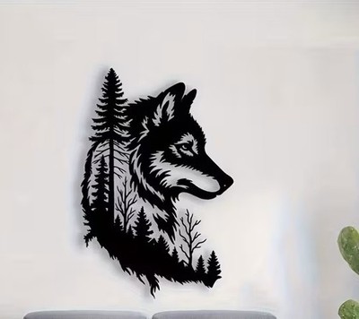 Wolf Wald 20cm Metall Schwarz Wand-Deko Wandbild Schild Wikinger Baum Landschaft
