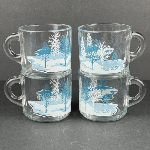 Vintage Anchor Hocking Winter Tree Scene Christmas 4 Clear Glass Coffee Mugs