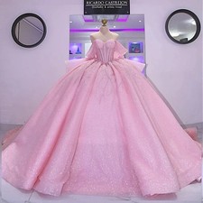 Shiny Pink Quinceanera Dress Off Shoulder Tull Sequin Pearl Applique Party Dress