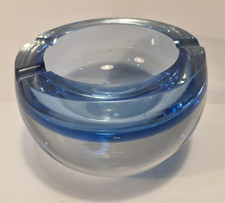 Vintage Large Murano Sommerso Orb Art Glass Ashtray Blue  3 Slot Heavy