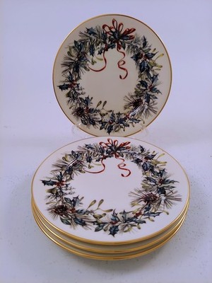Set of 4 Lenox WINTER GREETINGS Bread & Butter Plates 6.5'' Ivy Red Ribbons Gold