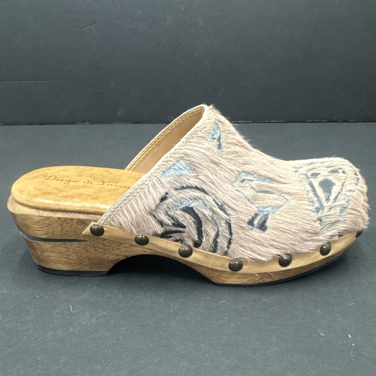 Diego di Lucca Brazil Women’s 7 Calf Hair Clogs Mules Tan Wood Heel