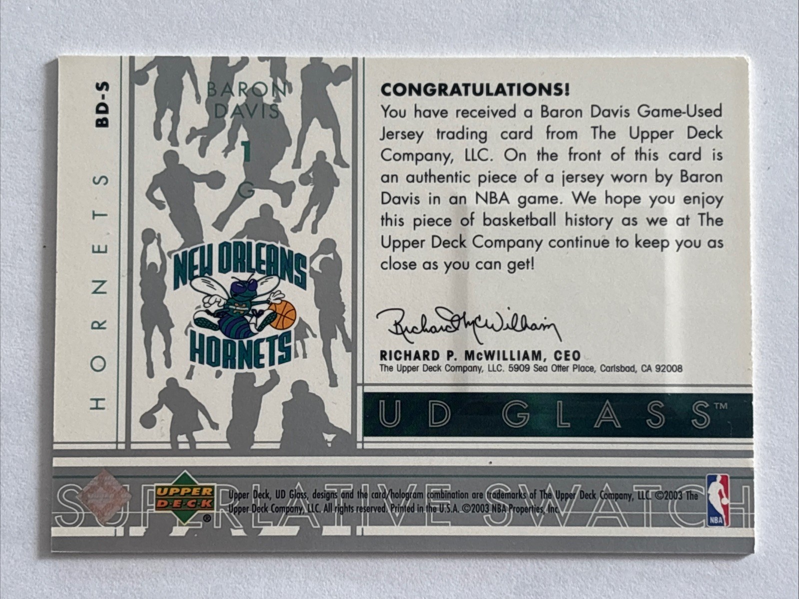 2002-03 UD Glass Superlative Swatch Baron Davis #BD-S NBA Jersey Game Used view 2