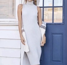 Anthropologie Daily Practice Slim Knit Midi Dress XS Gray Ribbed Turtleneck New