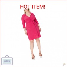Star Vixen Women's Plus-Size 3/4 Sleeve Faux-Wrap Dress with Collar, Fuchsia Sol