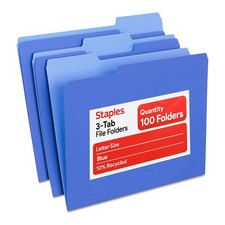 Staples File Folders, Letter Size, 1/3  Cut Top Tabs, Blue, Durable Blue
