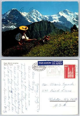 1974 Swiss Alps Postcard: Eiger, Mönch, Jungfrau, Berner Tracht, Posted