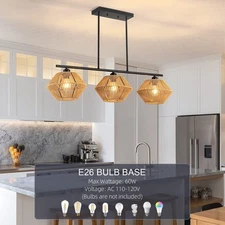 37.4" Rattan Chandelier Kitchen Island Dining Room Light Fixture Boho Wicker