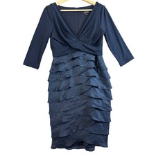 Adrianna Papell Navy Blue Matte Jersey & Hammered Satin Sheath Dress 6 S Small