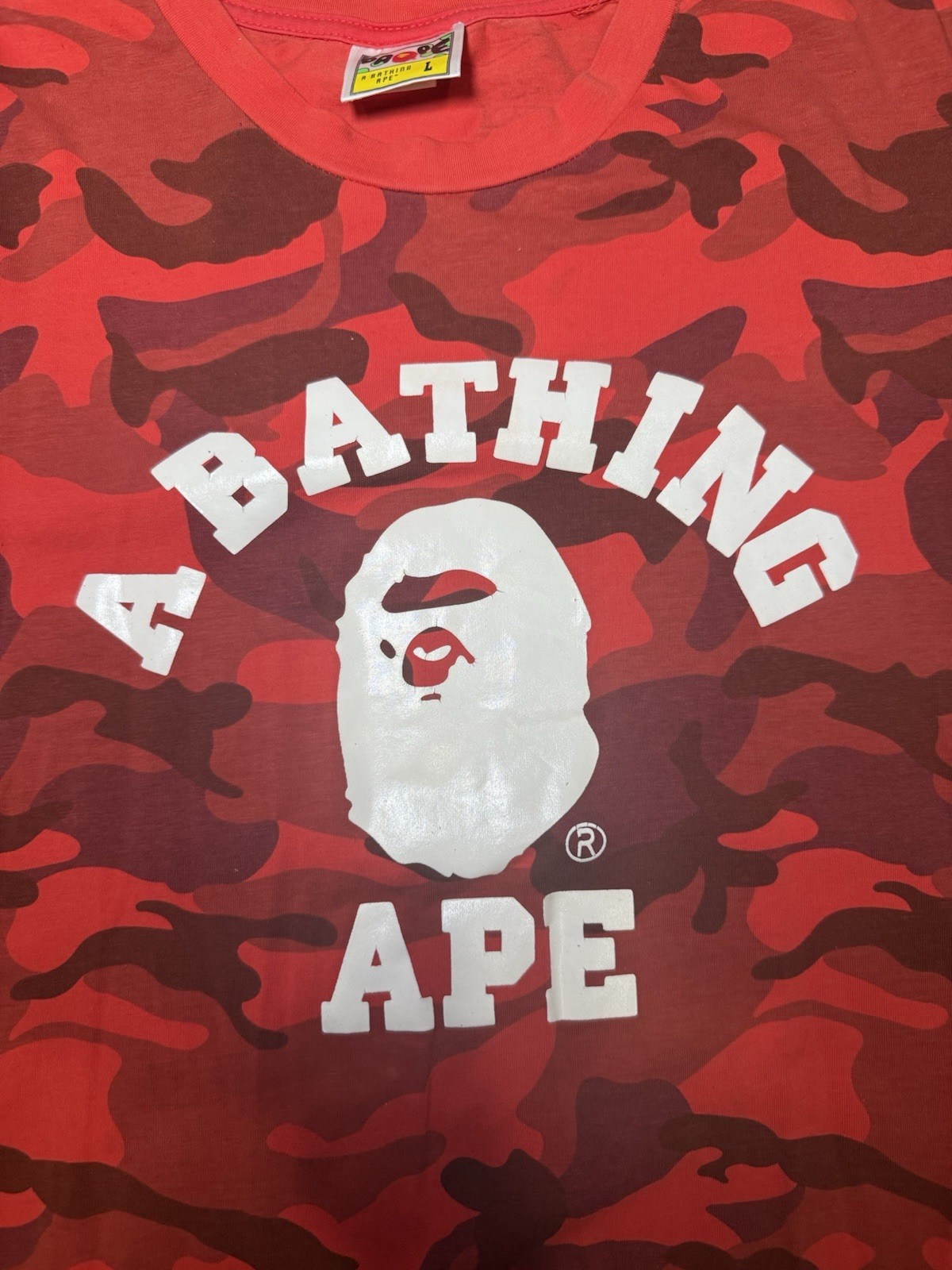 A Bathing Ape Red Camouflage Logo Jersey Men's Crew Neck T-Shirt Size L thumbnail 9