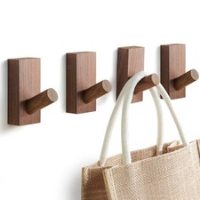 Natural Wooden Wall Hooks, Adhesive Screw Mount Coat and Towel 4 Black Walnut
