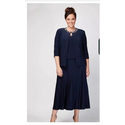 Alex Evenings 2 Piece Beaded Jacket Dress Set Women 16 Navy Mother of Bride  Gala | eBay