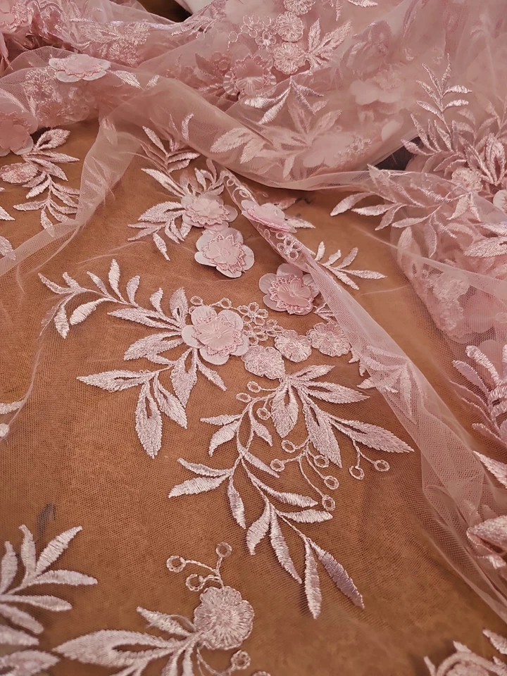 1. 1/2 yd Pink Lace Scallop Floral Applique Fabric Special Occasion - Image 3 of 4