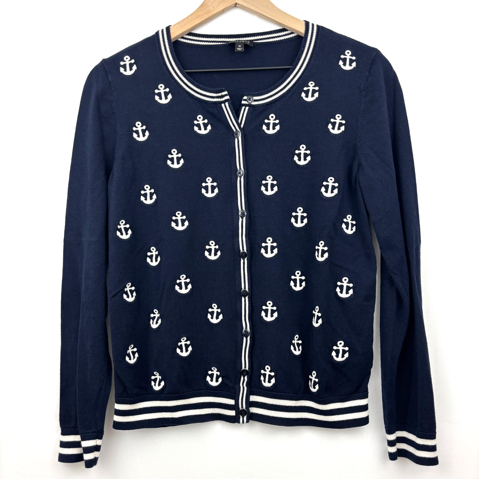 Talbots Navy Anchor Cardigan Sweater Nautical Preppy Coastal Grandma Medium