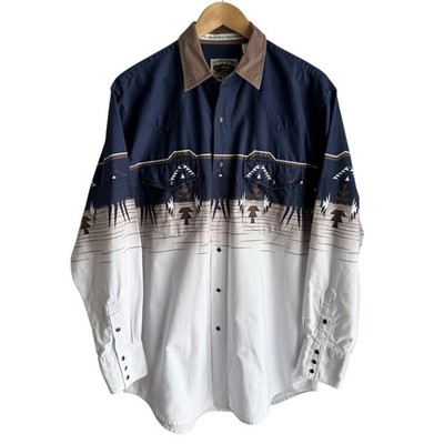 Vintage 90s Aztec Print Pearl Snap Shirt Mens L White Blue Western Ranch Rodeo