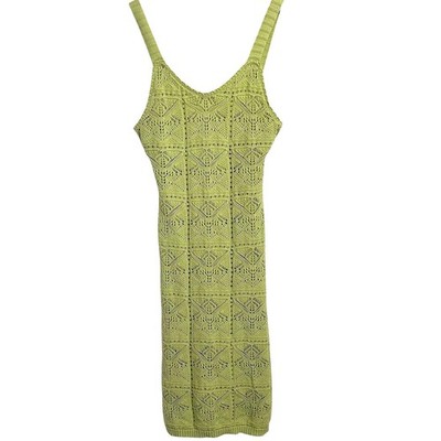 Freshman 1996 Knit Dress Womens S Lime Green Pointelle Crochet Sleeveless Mini