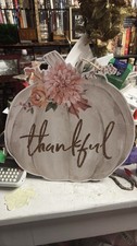 Thankful Pumpkin Wood Hanging Wall Decor Fall Thanksgiving Floral Sign