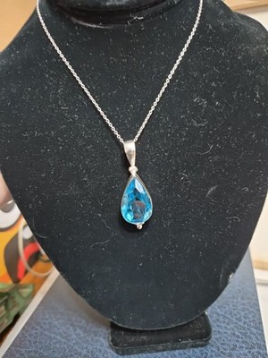 Schweizer Blautopas Zargenfassung an 20 Zoll 925 Sterling Kette Rolo - Birnenform