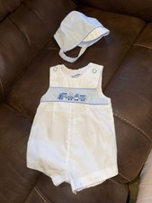 Vintage 90s Sunsuit Romper Matching Hat Boys Size 6-9 Months Blue White