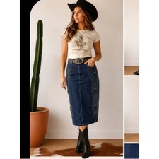 Vintage Roughrider Denim Western Skirt  Embossed Panel  Cowgirl Chic