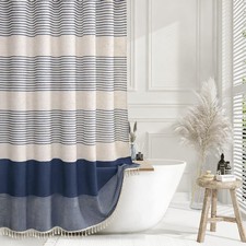 Navy Blue Striped Linen Shower Curtain with Tassels, Coastal Ocean Decor 72"x72