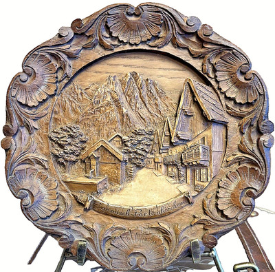 Vintage German 9'' Carved Wood Wall Plate, Garmisch-Partenkirchen Ski Resort RARE