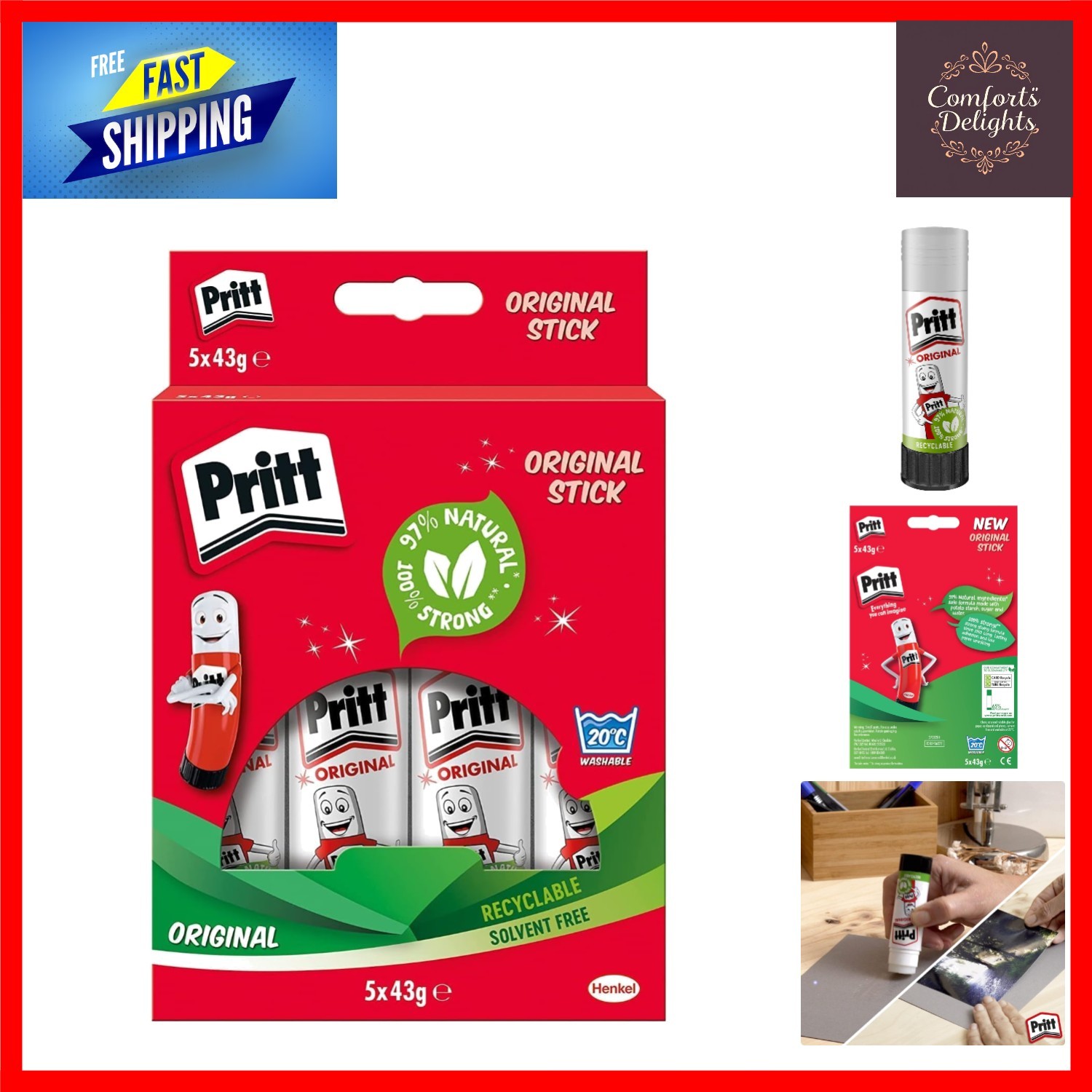 Washable Craft Glue Sticks - Child-Friendly, 5 Pack, Perfect for Arts & Crafts