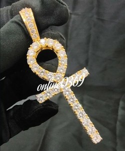 Authentic Men's 2 ct Genuine Moissanite Men's Ankh Cross Pendant Yellow Gold Plated Silver