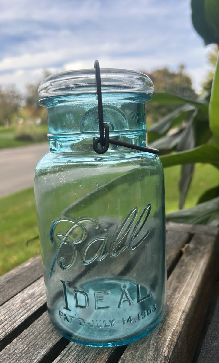 Vtg Aqua Blue Ball Ideal Mason Jar Wire Bale Quart Jar Glass Lid
