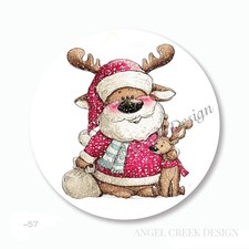MATTE GLITTER REINDEER IN SANTA SUIT SCRAPBOOK STICKERS ENVELOPE SEALS FAVORS