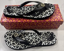 Tory Burch Women's Flip Flops Size 7 Black/White Logo/Sandal Pre-Owned Condition