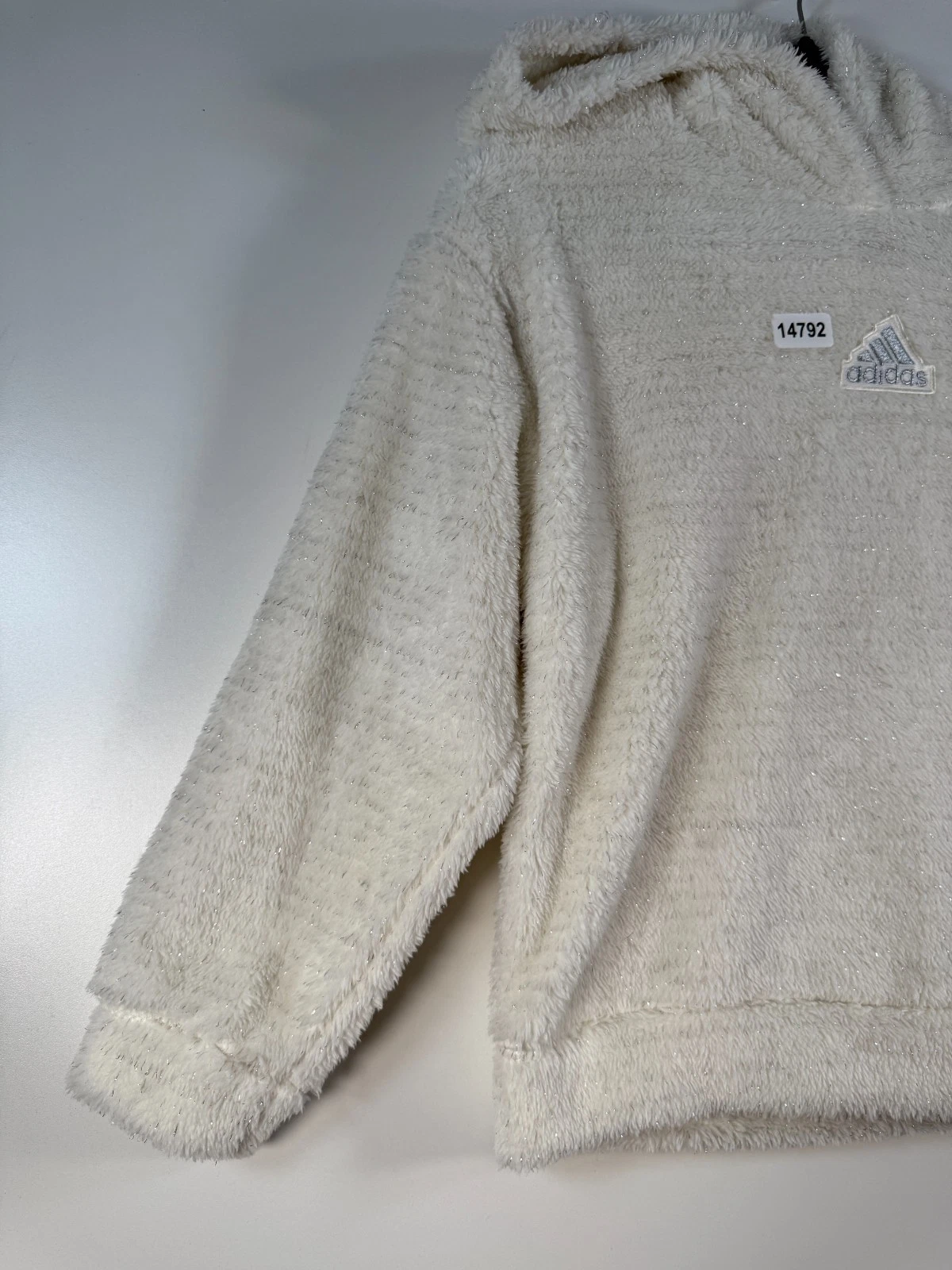 OFF WHITE Felpa con cappuccio nuova con etichette Adidas bambini ragazze accogliente furry lurex sherpa bianco sporco XL 16