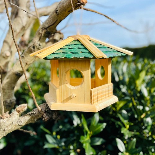 DARLUX Sechseck Holz Vogel Futter Haus XL Futterstelle Hängend Natur/Grün - Bild 4 von 4
