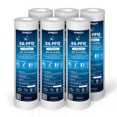 6 Pack Sediment 1 Micron Water Filter Cartridges 2.5'' x 10'' for Reverse Osmosis 