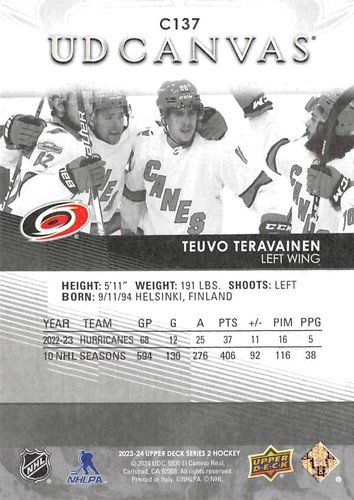 2023-24 Upper Deck UD Lona Blanco y Negro #C137 Teuvo Teravainen - Imagen 2 de 2