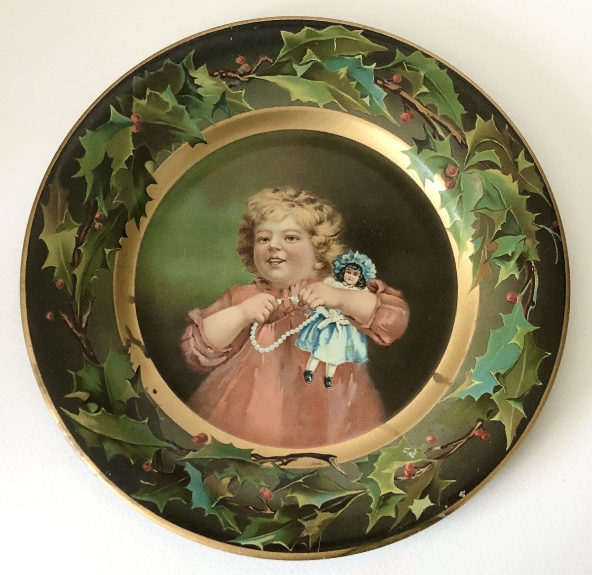 Antique Girl With Doll CD Kenny Plate Coffee Tea Advertising Tin