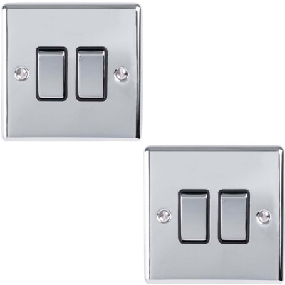 2er Pack 2 Gang Doppel Metall Lichtschalter POLIERT CHROM 2 Wege 10A schwarze Blende