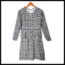 Julia Jordan Long Sleeve Tweed A-Line Jacket Dress size 10 Black White Plaid