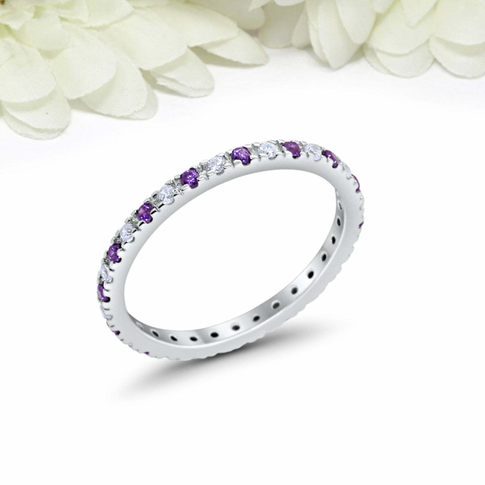 Natural Purple Amethyst Diamond Band Ring 925 Sterling Silver
